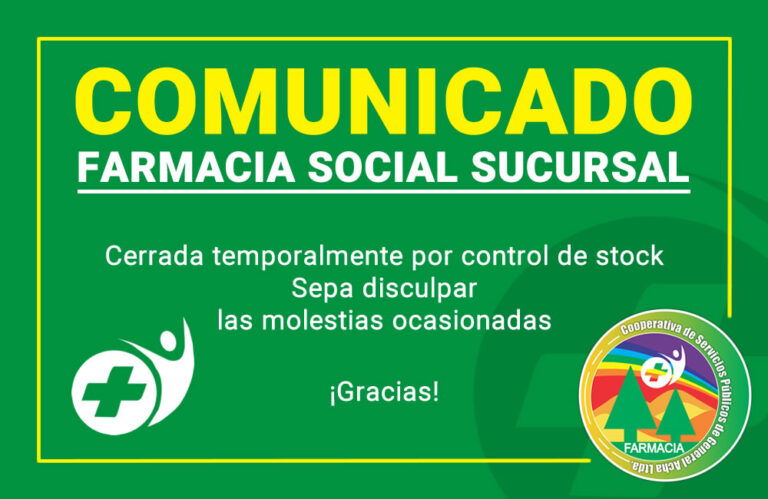 Comunicado de Farmacia social sucursal de COSEGA